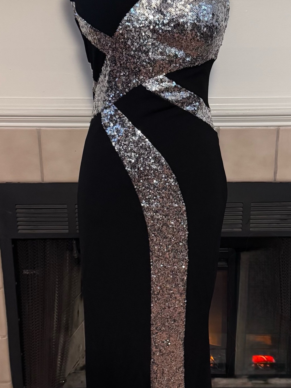 NEW Angel Fashion Black Gown with Silver Sequin Bodice and Accents